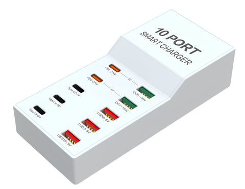 Yixoo Mx534 Estación de Carga USB 10 en 1 72W, Cargador Rápido USB-C PD y QC3.0, Hub Inteligente de Escritorio para Múltiples Dispositivos, Compatible con iPhone, Samsung y Tablets