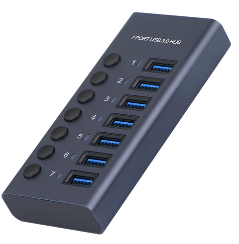 Yixoo MX537 Hub USB 3.0 Alimentado 7 Puertos Adaptador 12V/3A 36W Interruptor Individual LED Aluminio 5Gbps Ladrón USB Splitter Datos para PC Laptop Disco Duro HDD