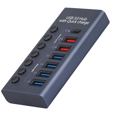 Yixoo MX538 Hub USB 3.0 7 Puertos Alimentado: 4 Datos 5Gbps + 2 Carga Rápida + 1 PD 20W USB-C Interruptores Individuales Ladrón Aluminio Adaptador Potente para PC