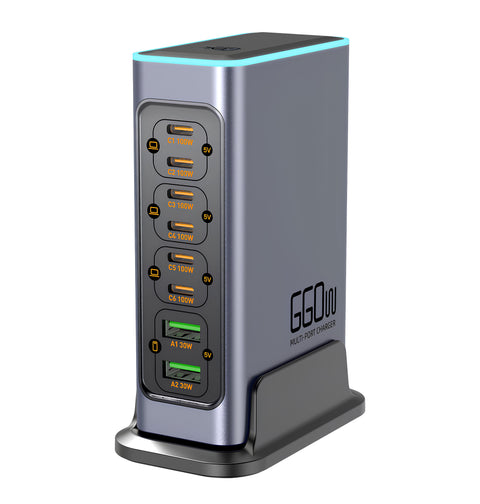 Yixoo MX541 Estación Carga Gan 660w Reales 8 Puertos Alta Velocidad 6 Usb-c Pd 100w + 2 Usb-a Qc 30w, Cargador De Escritorio Profesional Para Múltiples Laptops Y Móviles