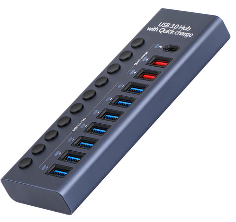 Yixoo MX540 Hub USB 3.0 10 Puertos Alimentado: 7 Datos 5Gbps + 2 Carga Rápida + 1 PD 20W USB-C Interruptores Individuales Ladrón Aluminio Adaptador Potente para PC