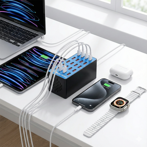 Yixoo MX542 Estación de Carga USB 20 Puertos 100W, Hub Cargador Múltiple Universal 5V/20A para iPhone Samsung iPad Tabletas, Adaptador Inteligente con Protección para Oficina Hotel y Escuela