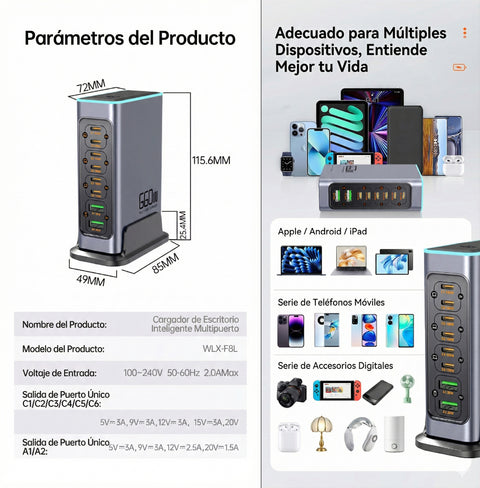 Yixoo MX541 Estación Carga Gan 660w Reales 8 Puertos Alta Velocidad 6 Usb-c Pd 100w + 2 Usb-a Qc 30w, Cargador De Escritorio Profesional Para Múltiples Laptops Y Móviles