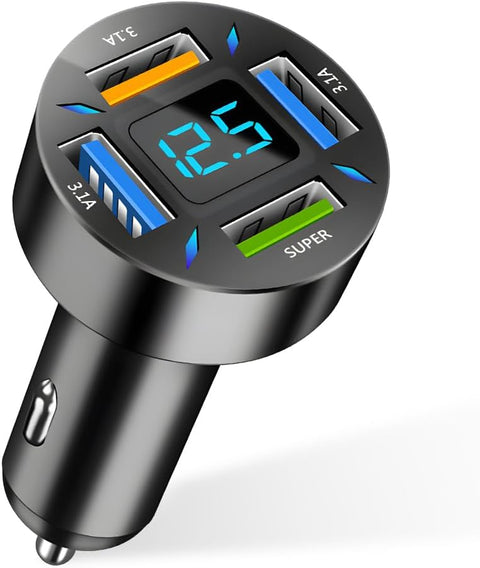 Yixoo 62W 4-Port USB Car Charger Adapter for Cigarette Lighter Socket with LED Display, Fast Charging for iPhone, iPad, and Android Phones