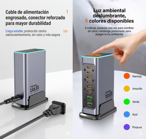 Yixoo MX541 Estación Carga Gan 660w Reales 8 Puertos Alta Velocidad 6 Usb-c Pd 100w + 2 Usb-a Qc 30w, Cargador De Escritorio Profesional Para Múltiples Laptops Y Móviles