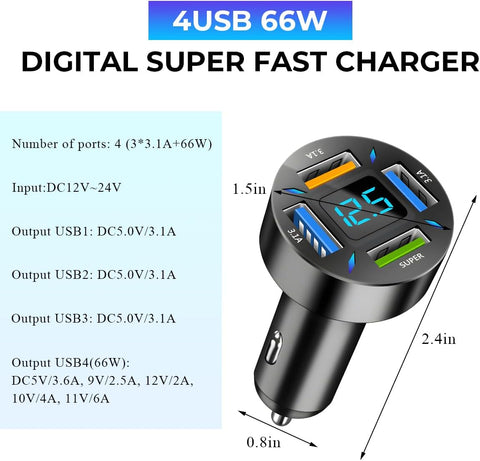 Yixoo 62W 4-Port USB Car Charger Adapter for Cigarette Lighter Socket with LED Display, Fast Charging for iPhone, iPad, and Android Phones