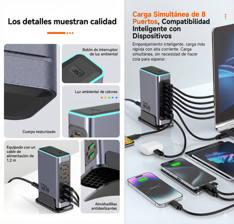 Yixoo MX541 Estación Carga Gan 660w Reales 8 Puertos Alta Velocidad 6 Usb-c Pd 100w + 2 Usb-a Qc 30w, Cargador De Escritorio Profesional Para Múltiples Laptops Y Móviles