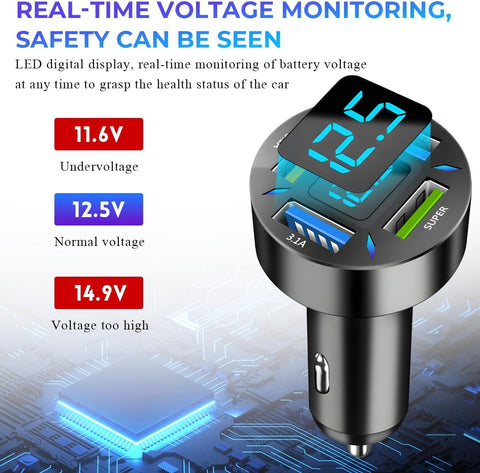 Yixoo 62W 4-Port USB Car Charger Adapter for Cigarette Lighter Socket with LED Display, Fast Charging for iPhone, iPad, and Android Phones