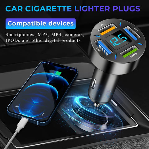 Yixoo 62W 4-Port USB Car Charger Adapter for Cigarette Lighter Socket with LED Display, Fast Charging for iPhone, iPad, and Android Phones