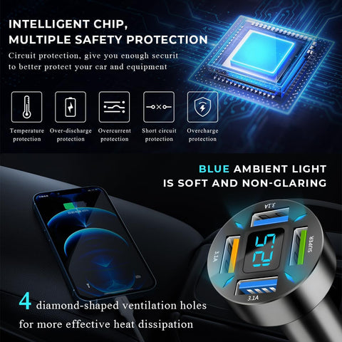 Yixoo 62W 4-Port USB Car Charger Adapter for Cigarette Lighter Socket with LED Display, Fast Charging for iPhone, iPad, and Android Phones