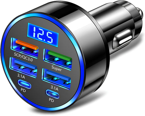 Yixoo Cargador rápido de automóvil de 6 puertos USB/USB-C para iPhone, Samsung y teléfonos móviles Motorola, el cable no está incluido