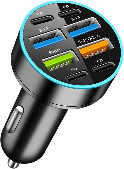 Yixoo 66W Car Cigarette Lighter Fast Charger with 8 Ports (4 USB and 4 USB-C) for Simultaneously Charging Multiple Phones and Tablets
