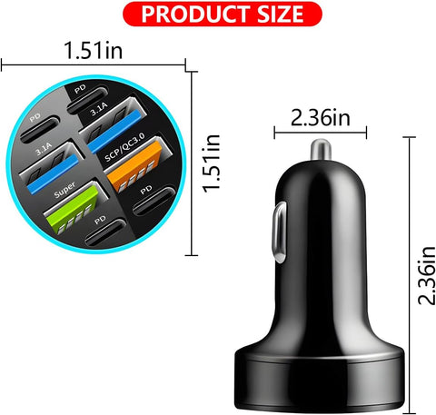 Yixoo 66W Car Cigarette Lighter Fast Charger with 8 Ports (4 USB and 4 USB-C) for Simultaneously Charging Multiple Phones and Tablets