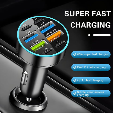 Yixoo 66W Car Cigarette Lighter Fast Charger with 8 Ports (4 USB and 4 USB-C) for Simultaneously Charging Multiple Phones and Tablets