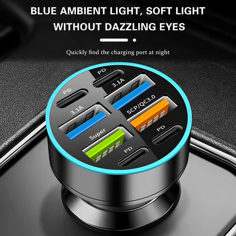 Yixoo 66W Car Cigarette Lighter Fast Charger with 8 Ports (4 USB and 4 USB-C) for Simultaneously Charging Multiple Phones and Tablets