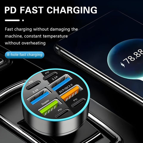Yixoo 66W Car Cigarette Lighter Fast Charger with 8 Ports (4 USB and 4 USB-C) for Simultaneously Charging Multiple Phones and Tablets