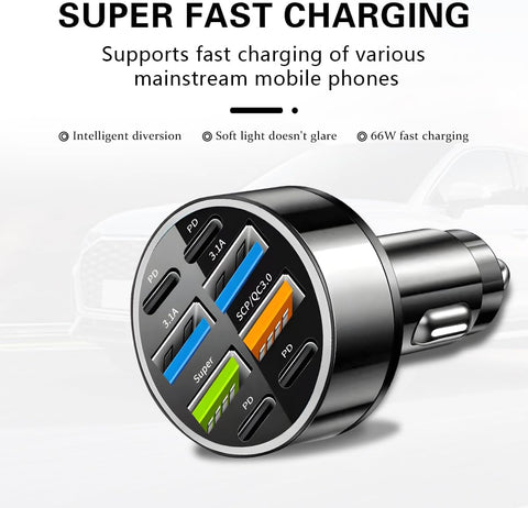 Yixoo 66W Car Cigarette Lighter Fast Charger with 8 Ports (4 USB and 4 USB-C) for Simultaneously Charging Multiple Phones and Tablets
