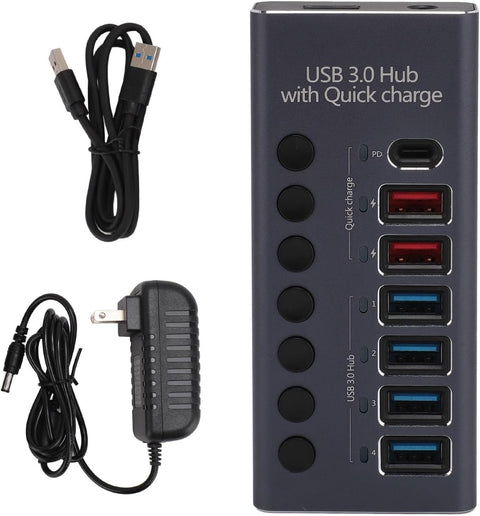 Yixoo MX538 Hub USB 3.0 7 Puertos Alimentado: 4 Datos 5Gbps + 2 Carga Rápida + 1 PD 20W USB-C Interruptores Individuales Ladrón Aluminio Adaptador Potente para PC