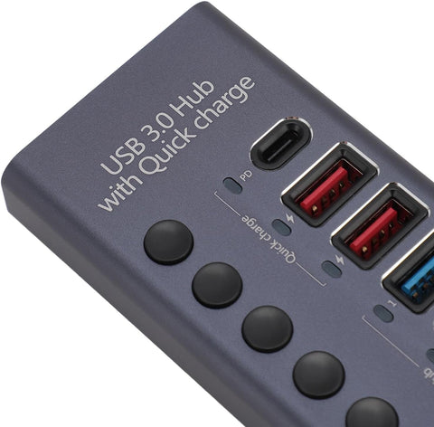 Yixoo MX538 Hub USB 3.0 7 Puertos Alimentado: 4 Datos 5Gbps + 2 Carga Rápida + 1 PD 20W USB-C Interruptores Individuales Ladrón Aluminio Adaptador Potente para PC