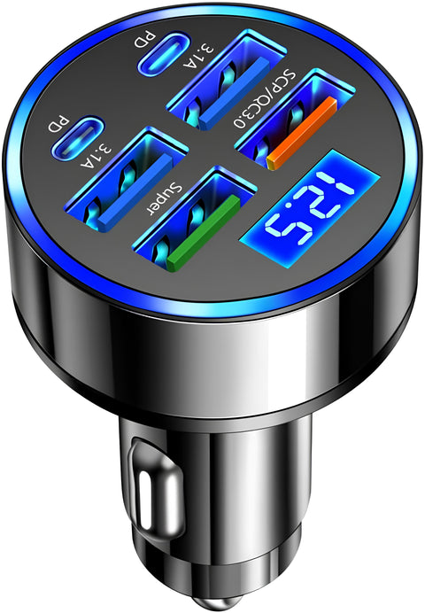 Yixoo 62W Car Charger with 6 Ports (4 USB & 2 PD USB-C), Fast Charging Cigarette Lighter Adapter for Phones, Tablets, and More