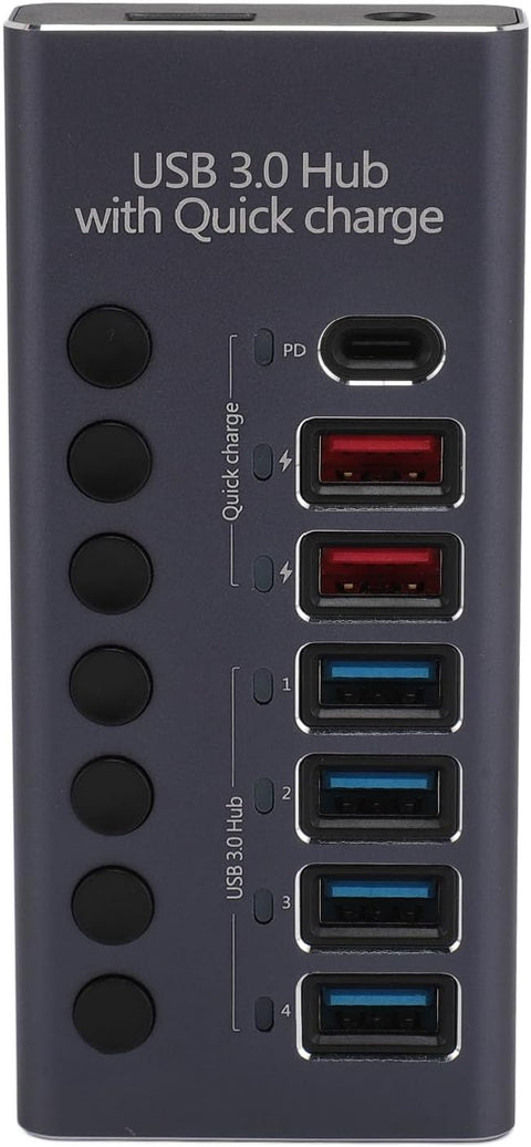 Yixoo MX538 Hub USB 3.0 7 Puertos Alimentado: 4 Datos 5Gbps + 2 Carga Rápida + 1 PD 20W USB-C Interruptores Individuales Ladrón Aluminio Adaptador Potente para PC