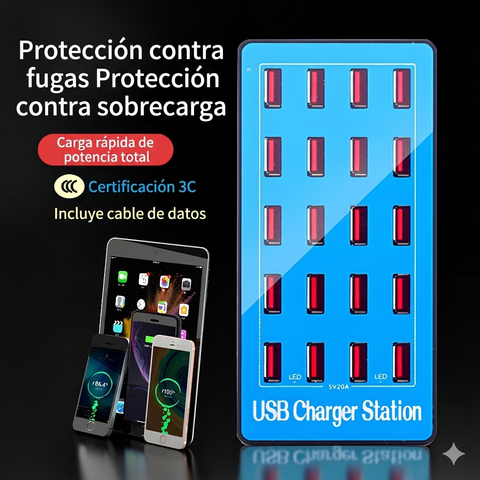 Yixoo MX542 Estación de Carga USB 20 Puertos 100W, Hub Cargador Múltiple Universal 5V/20A para iPhone Samsung iPad Tabletas, Adaptador Inteligente con Protección para Oficina Hotel y Escuela