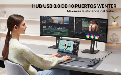 Yixoo MX540 Hub USB 3.0 10 Puertos Alimentado: 7 Datos 5Gbps + 2 Carga Rápida + 1 PD 20W USB-C Interruptores Individuales Ladrón Aluminio Adaptador Potente para PC