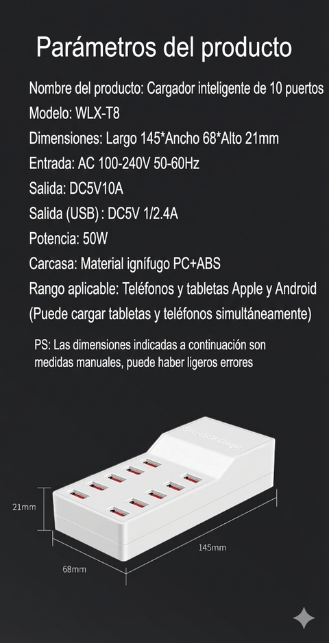 Yixoo MX536 Estación de Carga USB 10 Puertos 50W Hub Cargador Inteligente 5V/10A Universal para iPhone iPad Samsung Tablets Android Material Ignífugo PC+ABS 100-240V
