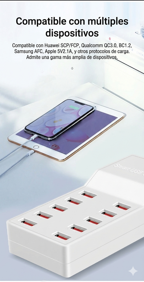 Yixoo MX536 Estación de Carga USB 10 Puertos 50W Hub Cargador Inteligente 5V/10A Universal para iPhone iPad Samsung Tablets Android Material Ignífugo PC+ABS 100-240V