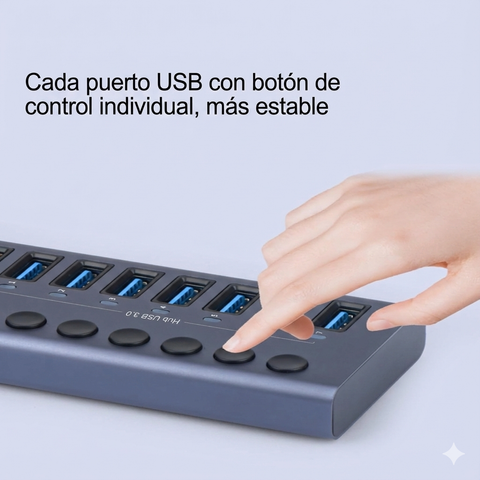 Yixoo MX540 Hub USB 3.0 10 Puertos Alimentado: 7 Datos 5Gbps + 2 Carga Rápida + 1 PD 20W USB-C Interruptores Individuales Ladrón Aluminio Adaptador Potente para PC