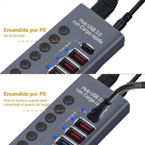 Yixoo MX540 Hub USB 3.0 10 Puertos Alimentado: 7 Datos 5Gbps + 2 Carga Rápida + 1 PD 20W USB-C Interruptores Individuales Ladrón Aluminio Adaptador Potente para PC
