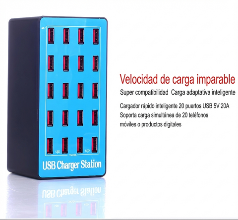Yixoo MX542 Estación de Carga USB 20 Puertos 100W, Hub Cargador Múltiple Universal 5V/20A para iPhone Samsung iPad Tabletas, Adaptador Inteligente con Protección para Oficina Hotel y Escuela