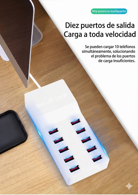 Yixoo MX536 Estación de Carga USB 10 Puertos 50W Hub Cargador Inteligente 5V/10A Universal para iPhone iPad Samsung Tablets Android Material Ignífugo PC+ABS 100-240V