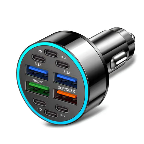 Yixoo 62W USB Car Charger Adapter with 10 Ports (4 USB-C & 6 USB-A) – Fast Charging Cigarette Lighter Splitter for iPhone, iPad, Samsung, Google Pixel, and Other Phones & Tablets