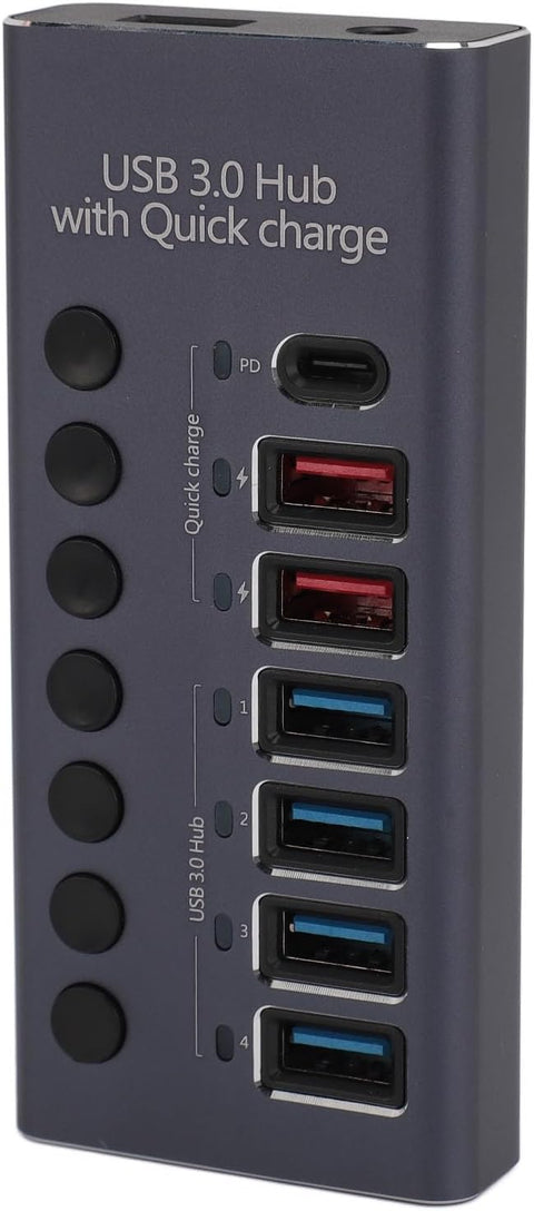 Yixoo MX538 Hub USB 3.0 7 Puertos Alimentado: 4 Datos 5Gbps + 2 Carga Rápida + 1 PD 20W USB-C Interruptores Individuales Ladrón Aluminio Adaptador Potente para PC