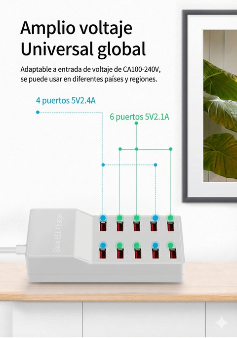 Yixoo MX536 Estación de Carga USB 10 Puertos 50W Hub Cargador Inteligente 5V/10A Universal para iPhone iPad Samsung Tablets Android Material Ignífugo PC+ABS 100-240V