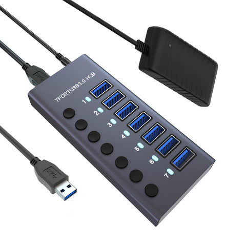 Yixoo MX537 Hub USB 3.0 Alimentado 7 Puertos Adaptador 12V/3A 36W Interruptor Individual LED Aluminio 5Gbps Ladrón USB Splitter Datos para PC Laptop Disco Duro HDD