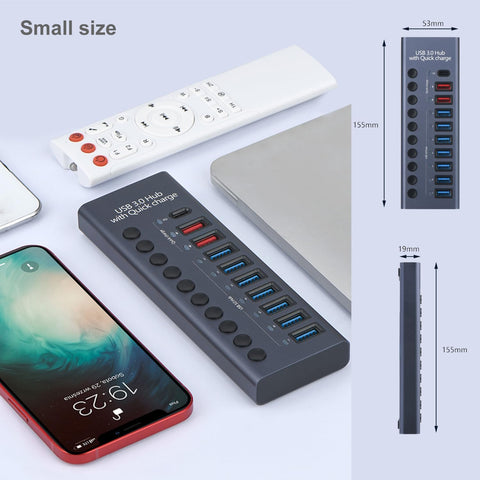 Yixoo MX540 Hub USB 3.0 10 Puertos Alimentado: 7 Datos 5Gbps + 2 Carga Rápida + 1 PD 20W USB-C Interruptores Individuales Ladrón Aluminio Adaptador Potente para PC