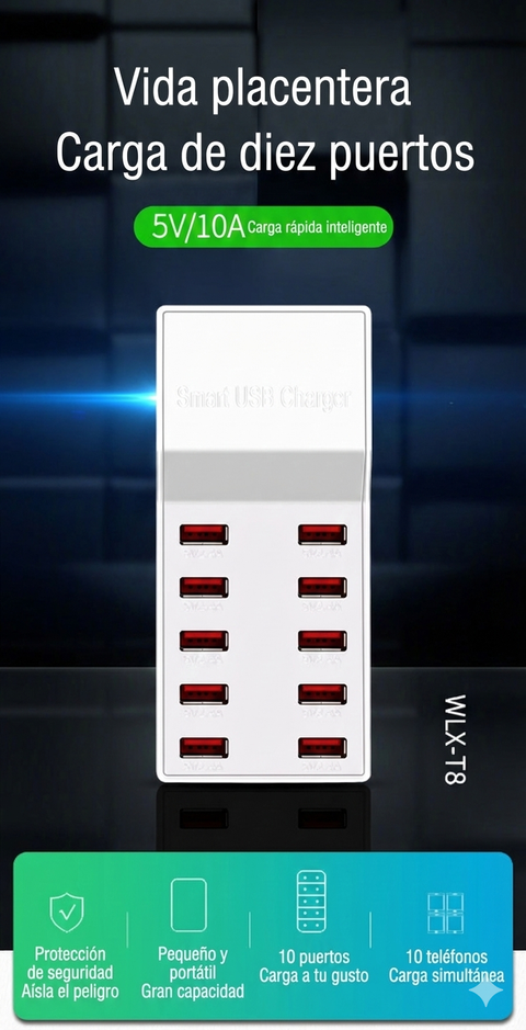 Yixoo MX536 Estación de Carga USB 10 Puertos 50W Hub Cargador Inteligente 5V/10A Universal para iPhone iPad Samsung Tablets Android Material Ignífugo PC+ABS 100-240V