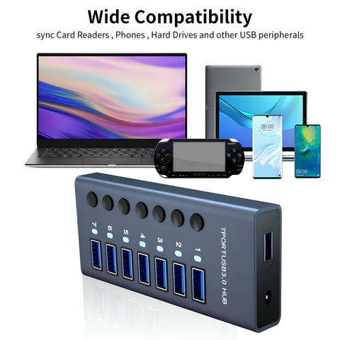 Yixoo MX537 Hub USB 3.0 Alimentado 7 Puertos Adaptador 12V/3A 36W Interruptor Individual LED Aluminio 5Gbps Ladrón USB Splitter Datos para PC Laptop Disco Duro HDD