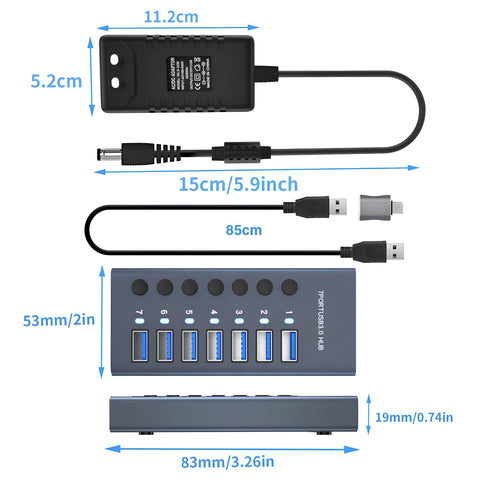 Yixoo MX537 Hub USB 3.0 Alimentado 7 Puertos Adaptador 12V/3A 36W Interruptor Individual LED Aluminio 5Gbps Ladrón USB Splitter Datos para PC Laptop Disco Duro HDD