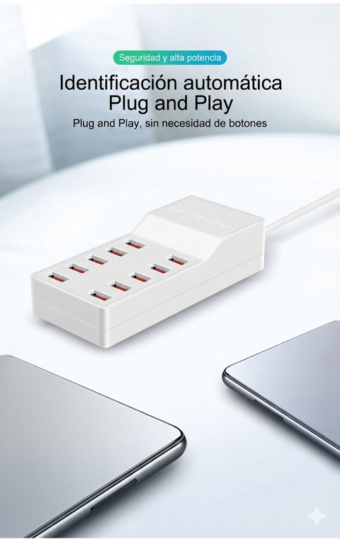 Yixoo MX536 Estación de Carga USB 10 Puertos 50W Hub Cargador Inteligente 5V/10A Universal para iPhone iPad Samsung Tablets Android Material Ignífugo PC+ABS 100-240V