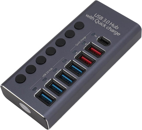 Yixoo MX538 Hub USB 3.0 7 Puertos Alimentado: 4 Datos 5Gbps + 2 Carga Rápida + 1 PD 20W USB-C Interruptores Individuales Ladrón Aluminio Adaptador Potente para PC
