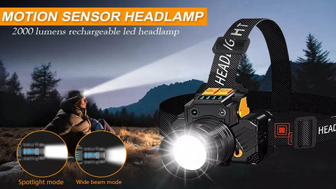 Yixoo Mining Lamp with Induction Sensor, LED Camping Flashlight, Headlamp, Portable USB-Rechargeable Lighting, Hunting Spotlight with Zoom, Powerful Hunting Light