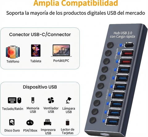 Yixoo MX540 Hub USB 3.0 10 Puertos Alimentado: 7 Datos 5Gbps + 2 Carga Rápida + 1 PD 20W USB-C Interruptores Individuales Ladrón Aluminio Adaptador Potente para PC