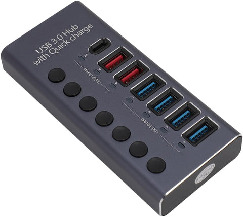 Yixoo MX538 Hub USB 3.0 7 Puertos Alimentado: 4 Datos 5Gbps + 2 Carga Rápida + 1 PD 20W USB-C Interruptores Individuales Ladrón Aluminio Adaptador Potente para PC