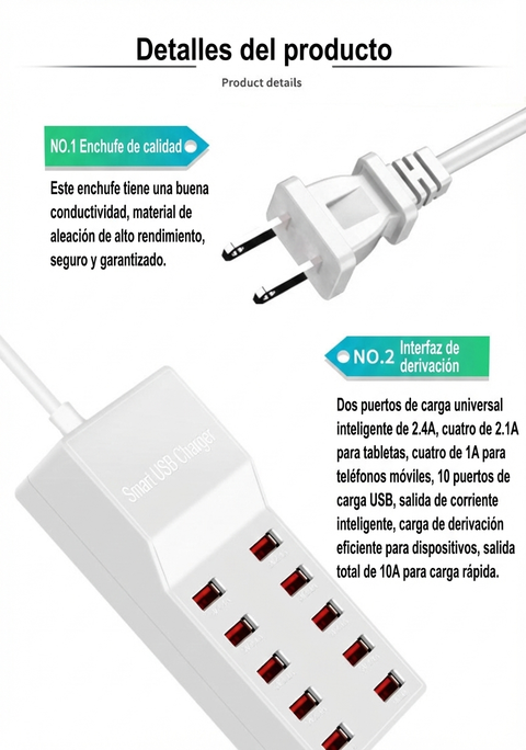 Yixoo MX536 Estación de Carga USB 10 Puertos 50W Hub Cargador Inteligente 5V/10A Universal para iPhone iPad Samsung Tablets Android Material Ignífugo PC+ABS 100-240V