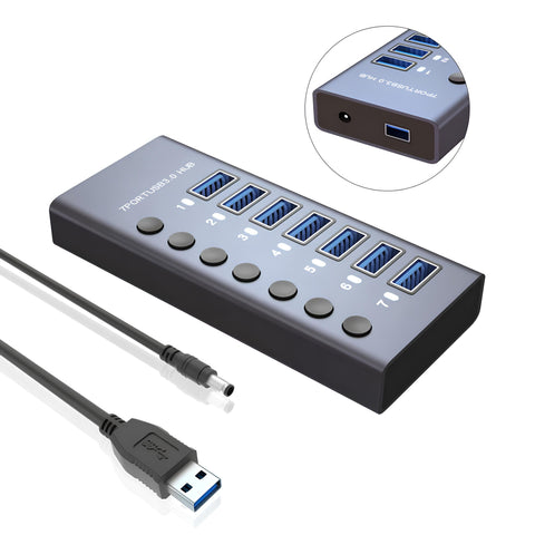 Yixoo MX537 Hub USB 3.0 Alimentado 7 Puertos Adaptador 12V/3A 36W Interruptor Individual LED Aluminio 5Gbps Ladrón USB Splitter Datos para PC Laptop Disco Duro HDD