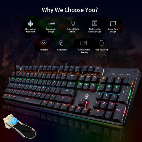 Illuminated Mechanical Keyboard 104 Keys Gaming Keyboard USB Powered Operated 6 Light Colors 9 Vivid  Lighting Effects for Computer Laptop E-sports Trip Travel with Rotator