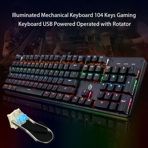 Illuminated Mechanical Keyboard 104 Keys Gaming Keyboard USB Powered Operated 6 Light Colors 9 Vivid  Lighting Effects for Computer Laptop E-sports Trip Travel with Rotator